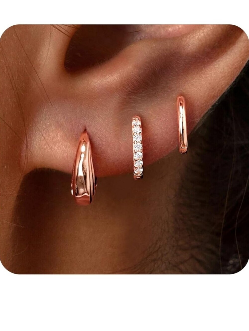 Rose Gold CZ Mini Hoop Earrings Set - Women Jewelry